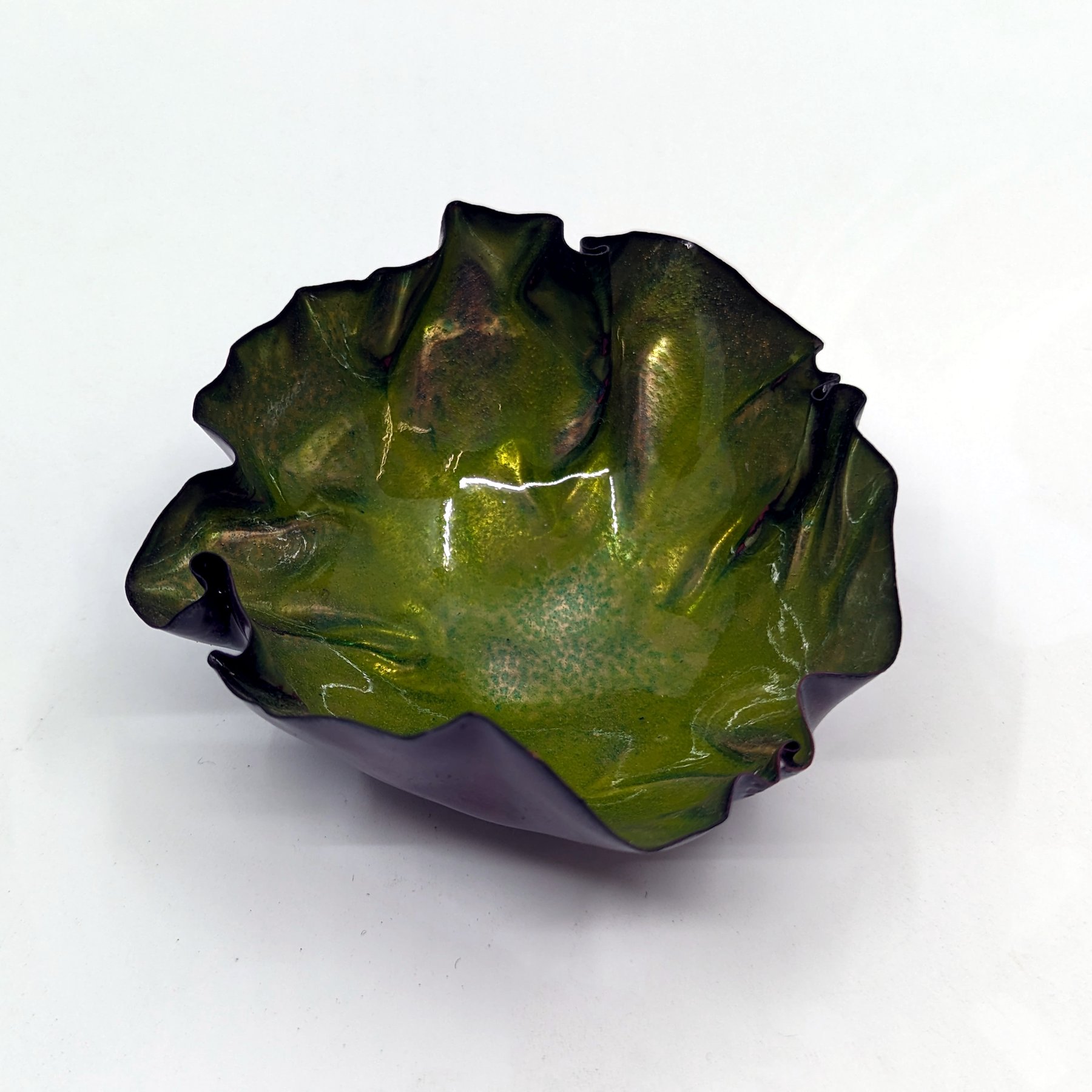 Green Ruffled Bowl - Copper bowl with deep forest green enamel