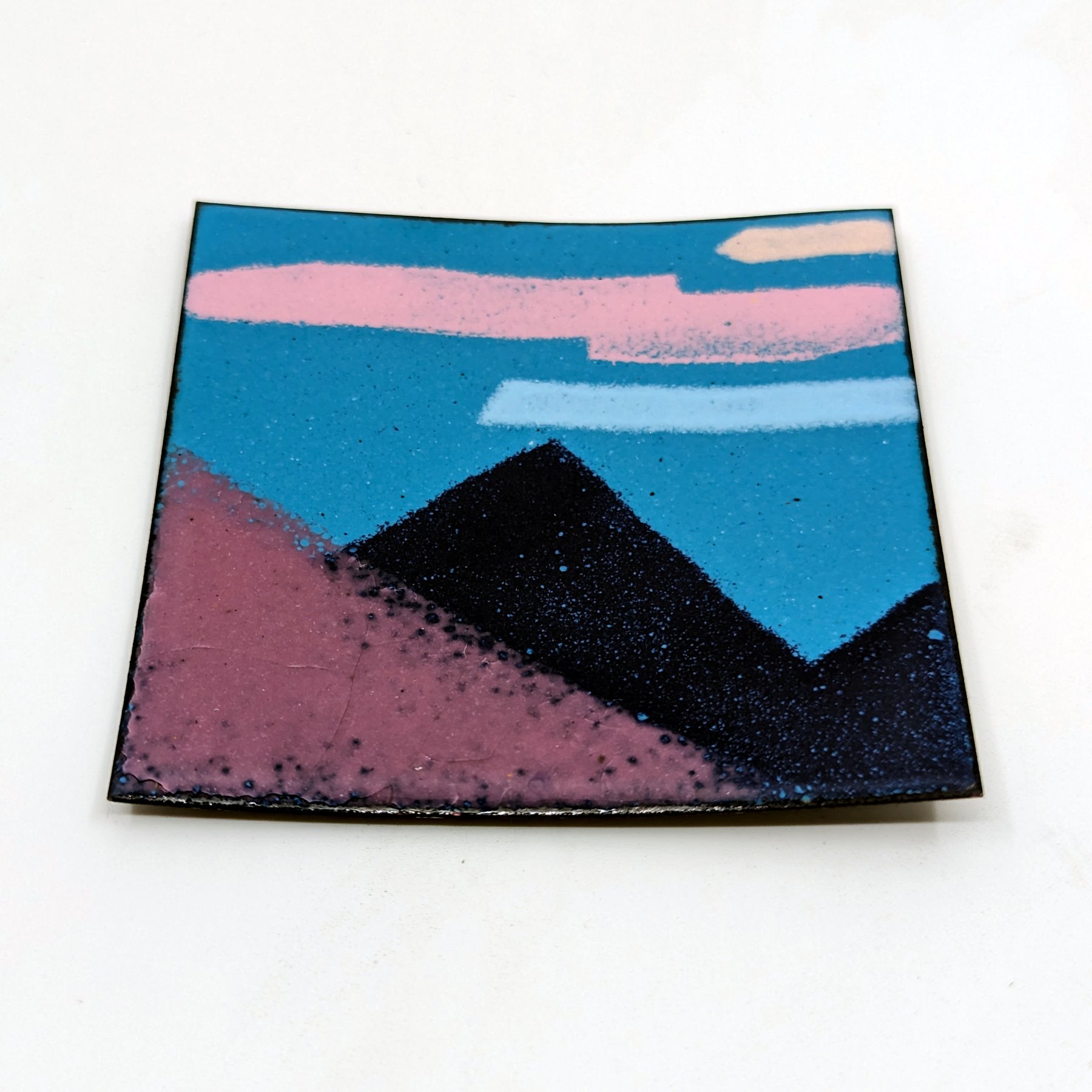 Mountain Landscape Tile - Enamel tile with indigo mountains and teal sky