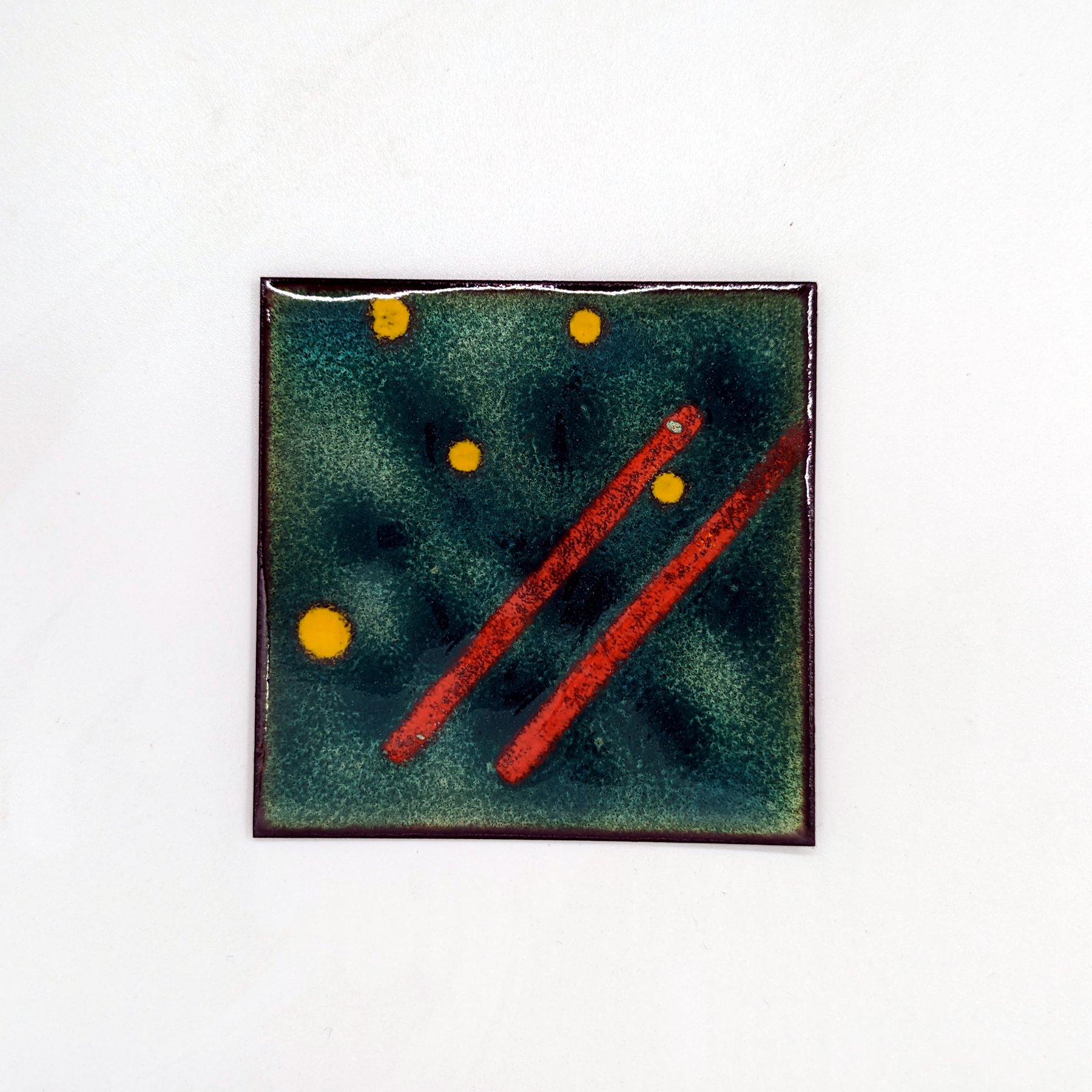 Teal Tile with Red Bars - Teal enamel tile with red and yellow motifs