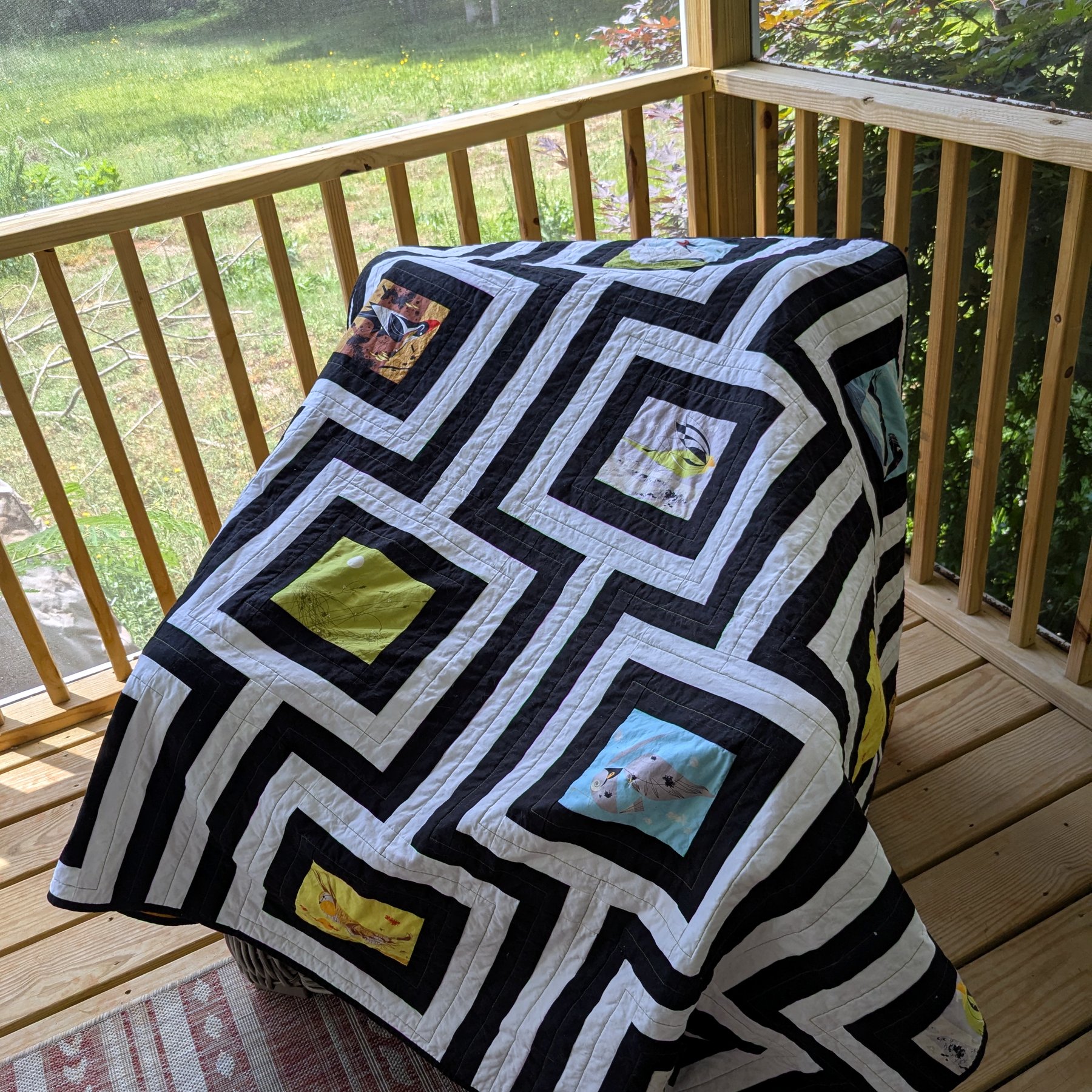 Cincinnati Quilt - Black and white geometric quilt with Charley Harper panels