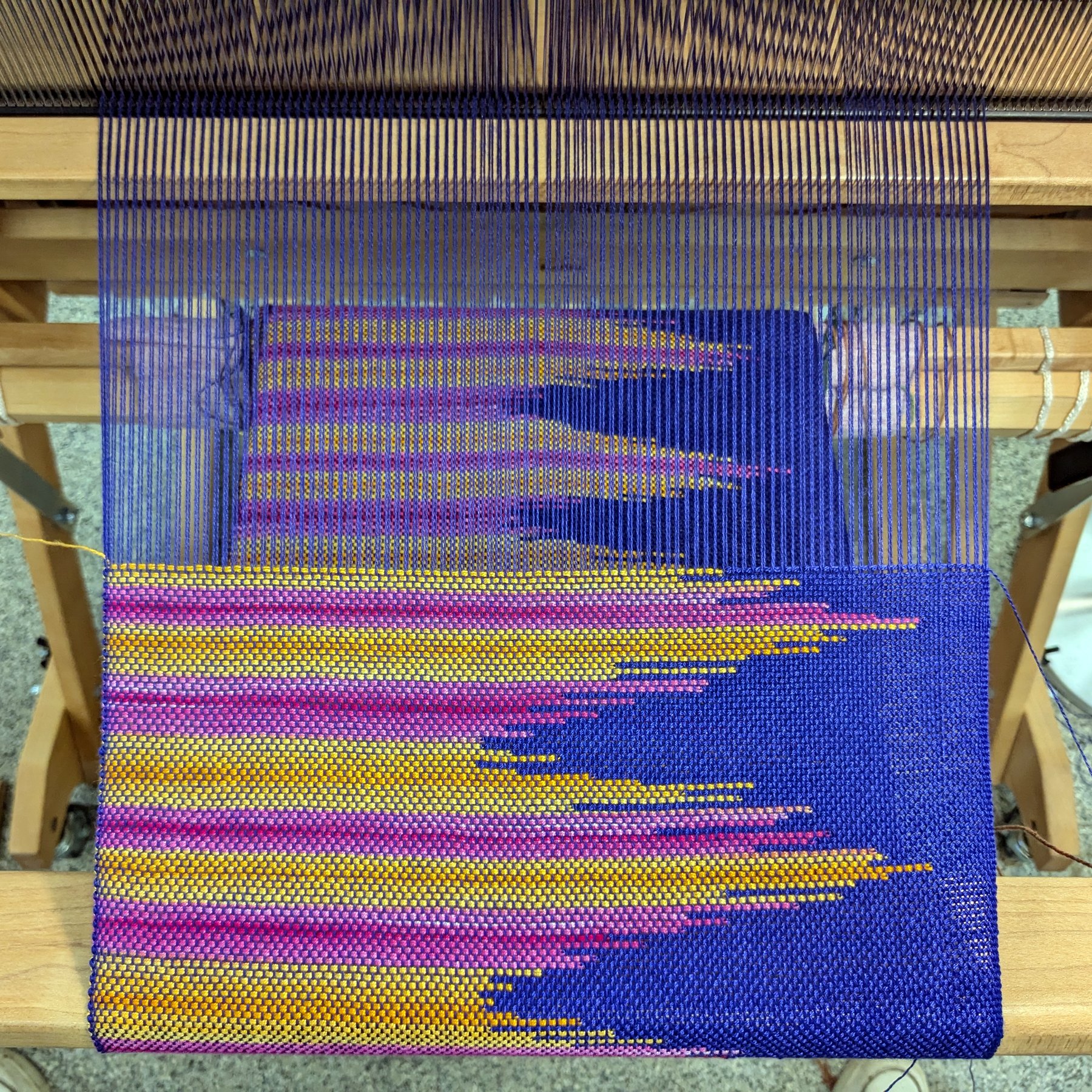 Geometric Floor Loom Weaving - Cobalt blue warp with magenta and gold geometric bands