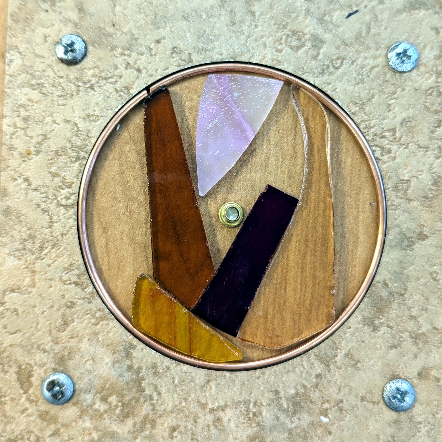 Warm Wood Disc - Copper-framed kaleidoscope object case with warm wood and glass tones